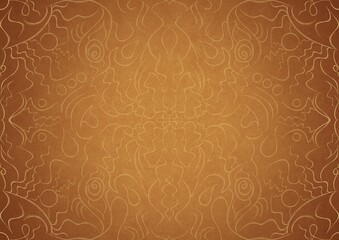 Hand-drawn unique abstract ornament. Light yellow on a darker yellow background, with vignette of same pattern in golden glitter on a darker background color. Paper texture. A4. (pattern: p07-1a)