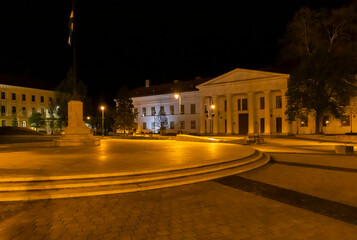 night view of the square in Szekszard, Hungary