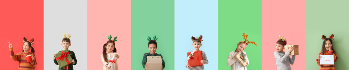 Set of happy children with reindeer horns on colorful background © Pixel-Shot
