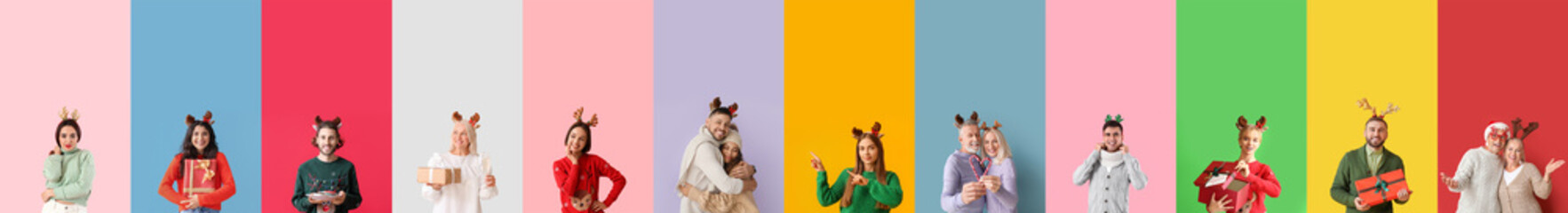 Set of happy people with reindeer horns on colorful background