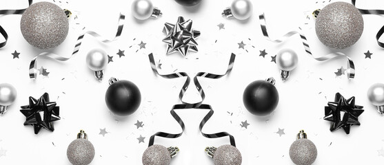 Beautiful Christmas composition with balls and ribbons on white background