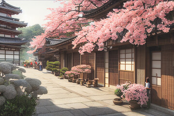 3D render of Old town Japan with cherry blossom trees