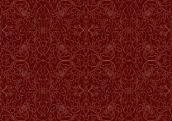 Hand-drawn unique abstract symmetrical seamless gold ornament on a deep red background. Paper texture. Digital artwork, A4. (pattern: p07-1b)
