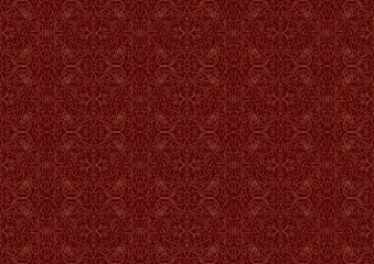 Hand-drawn unique abstract symmetrical seamless gold ornament on a deep red background. Paper texture. Digital artwork, A4. (pattern: p07-1c)