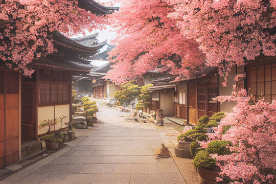 3D render of Old town Japan with cherry blossom trees