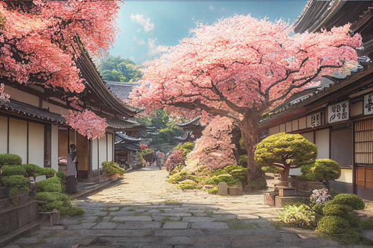 3D render of Old town Japan with cherry blossom trees