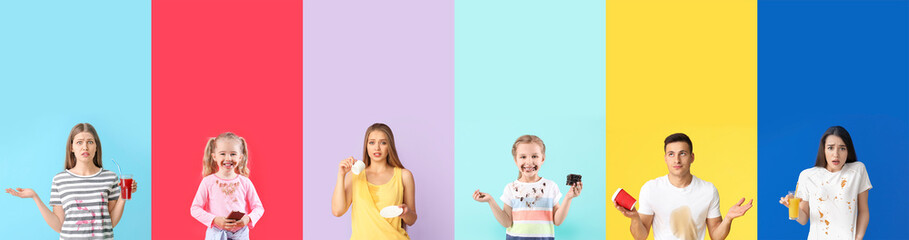 Set of emotional people with dirty clothes on color background