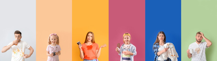 Collection of emotional people with dirty clothes on color background