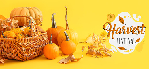 Wicker basket with pumpkins and leaves on yellow background. Autumn harvest festival