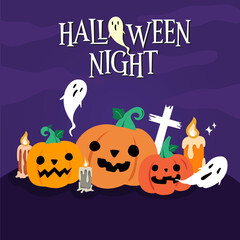 Halloween night banner with Three orange pumpkins and White ghost On purple background.
