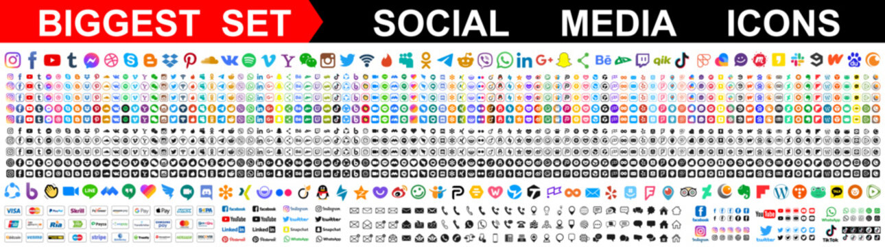Biggest set of popular social media icons. Facebook, instagram, twitter, youtube, pinterest, behance, google, linkedin, whatsap, snapchat and many more.