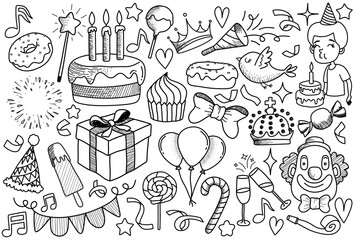 set of doodle cartoon objects and symbols on the birthday party.
