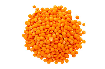 Pile of red lentils isolated on white background, top view. Dry grains of red lentils isolated on white, top view. Orange lentils on a white. Heap of orange lentils isolated on white background.