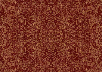 Hand-drawn unique abstract symmetrical seamless gold ornament and splatters of golden glitter on a deep red background. Paper texture. Digital artwork, A4. (pattern: p06a)