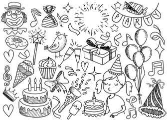  set of doodle cartoon objects and symbols on the birthday party.