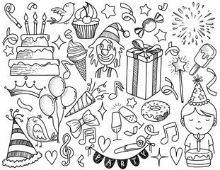  set of doodle cartoon objects and symbols on the birthday party.