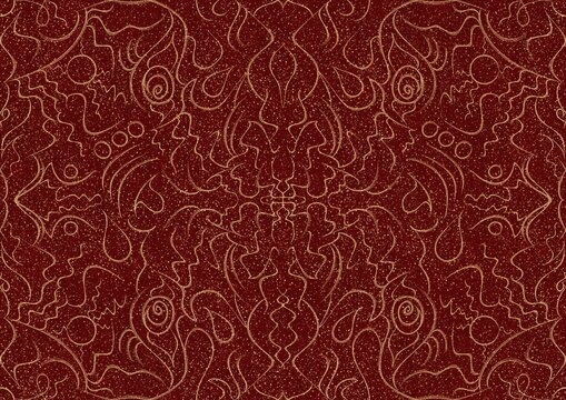 Hand-drawn unique abstract symmetrical seamless gold ornament and splatters of golden glitter on a deep red background. Paper texture. Digital artwork, A4. (pattern: p07-1a)