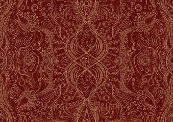 Hand-drawn unique abstract symmetrical seamless gold ornament and splatters of golden glitter on a deep red background. Paper texture. Digital artwork, A4. (pattern: p09a)