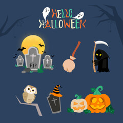 halloween icons set Rip Gravestone,Broom,Ghost,Owl, white and orange pumpkin with dark navy background. 