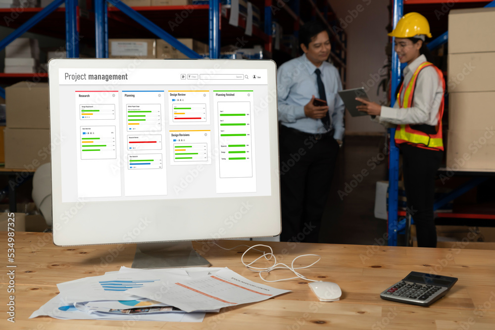 Poster project planning software for modish business project management on the computer screen showing time