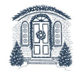 Door decoration. Christmas card poster banner. Hand drawn illustration. Vector.	
