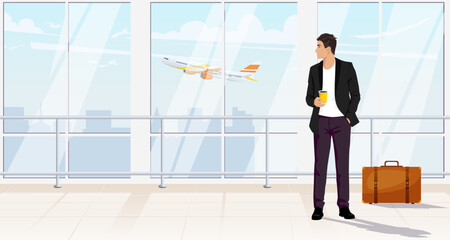 Business man in airport terminal interior. Man in black suit with coffee cup, passenger in departure hall with luggage. Aircraft, airplane flies outside window. Flat banner poster. Vector illustration