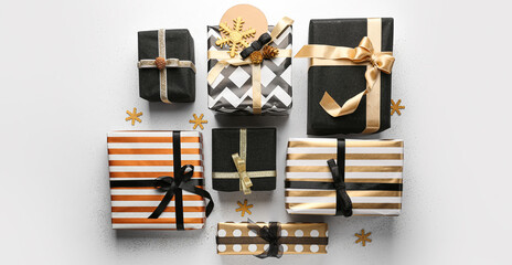 Beautiful Christmas gifts on white background, top view