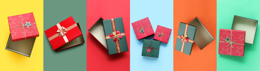 Many Christmas gift boxes on colorful background, top view