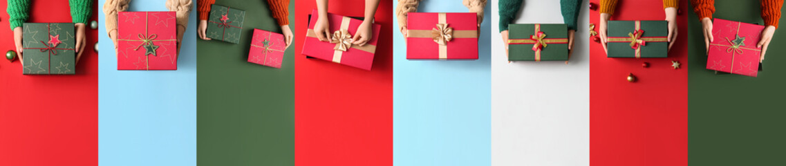 Many hands with Christmas gifts on colorful background, top view