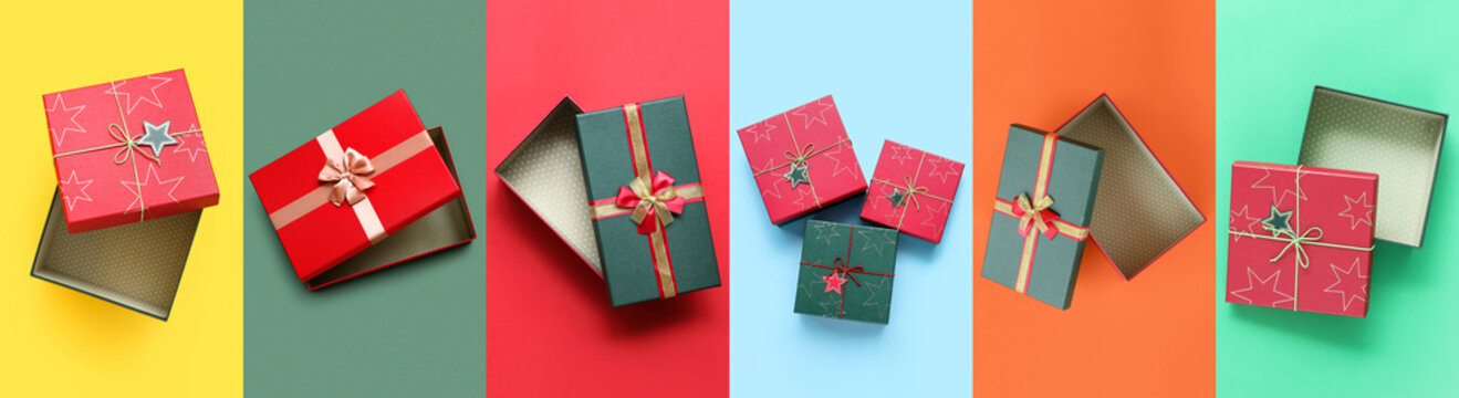 Many Christmas Gift Boxes On Colorful Background, Top View