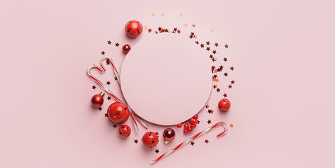 Obraz premium Beautiful Christmas composition with blank card and decor on pink background