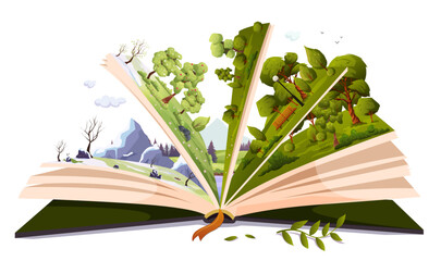 Open book with fairy tale. Green summer forest, snowy winter, adventure story for children, kids. Different off seasons on sides of pages. Read magic storybook about spring nature. Vector illustration - obrazy, fototapety, plakaty