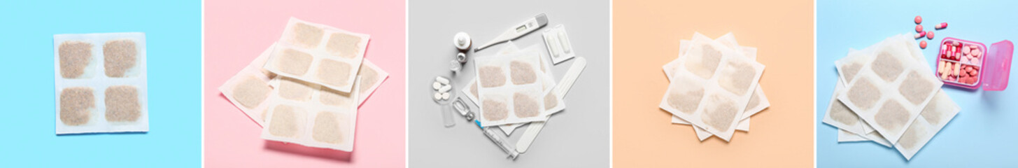 Set of natural mustard plasters on color background