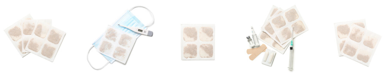 Collage of natural mustard plasters on white background