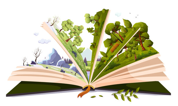 Open book with fairy tale. Green summer forest, snowy winter, adventure story for children, kids. Different off seasons on sides of pages. Read magic storybook about spring nature. Vector illustration