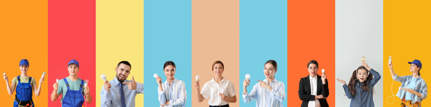 Group of electricians and people with light bulbs on color background