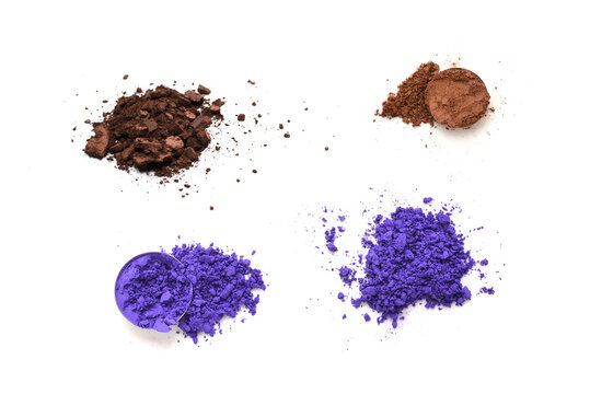 Makeup Cosmetics. Eyeshadow In Violet Colors Crushed Palette, Colorful Eye Shadow Powder On White Background