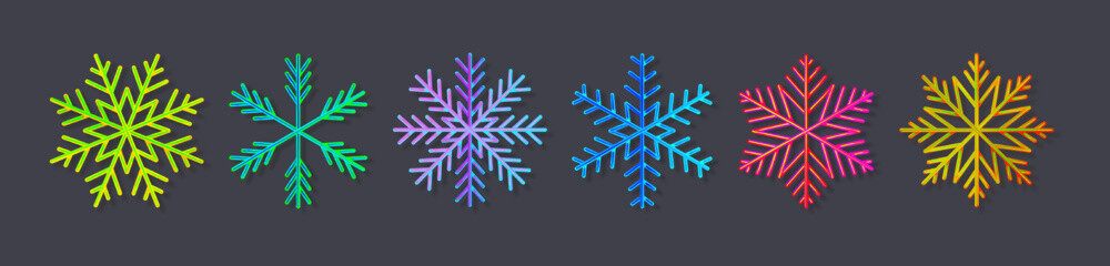 Set of colorful snowflakes shapes isolated on black background. Festival ornate decoration for christmass, happy new year party, celebration banner. Silhouette of frozen ice flake. Vector illustration