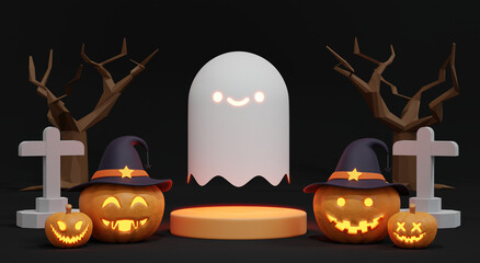 3D Render Halloween ghost with pumpkin tree tomb banner background