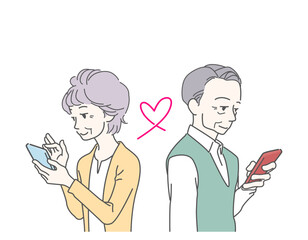 スマホで婚活、恋人探しをするシニア男女　再婚　恋活　出会い　マッチング