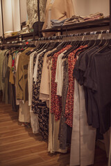Clothing on hanger at the modern shop boutique.