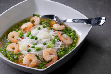 soup with shrimps, vegetables and rice nooodles
