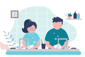 Cute children wash hands with soaps in bathroom. Brother and sister clean arms of germs with foam