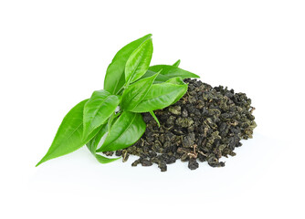 fresh green tea leaf and dry on white background