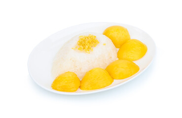 Mango sticky rice in a white dish on white background