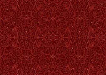 Hand-drawn unique abstract symmetrical seamless ornament. Bright red on a deep red background. Paper texture. Digital artwork, A4. (pattern: p07-2b)