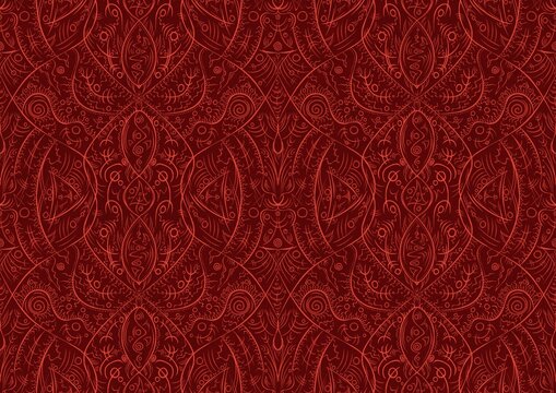 Hand-drawn unique abstract symmetrical seamless ornament. Bright red on a deep red background. Paper texture. Digital artwork, A4. (pattern: p08-2b)