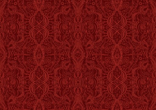 Hand-drawn unique abstract symmetrical seamless ornament. Bright red on a deep red background. Paper texture. Digital artwork, A4. (pattern: p09b)