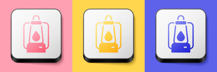 Isometric Camping lantern icon isolated on pink, yellow and blue background. Square button. Vector