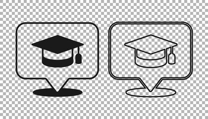 Black Graduation cap in speech bubble icon isolated on transparent background. Graduation hat with tassel icon. Vector